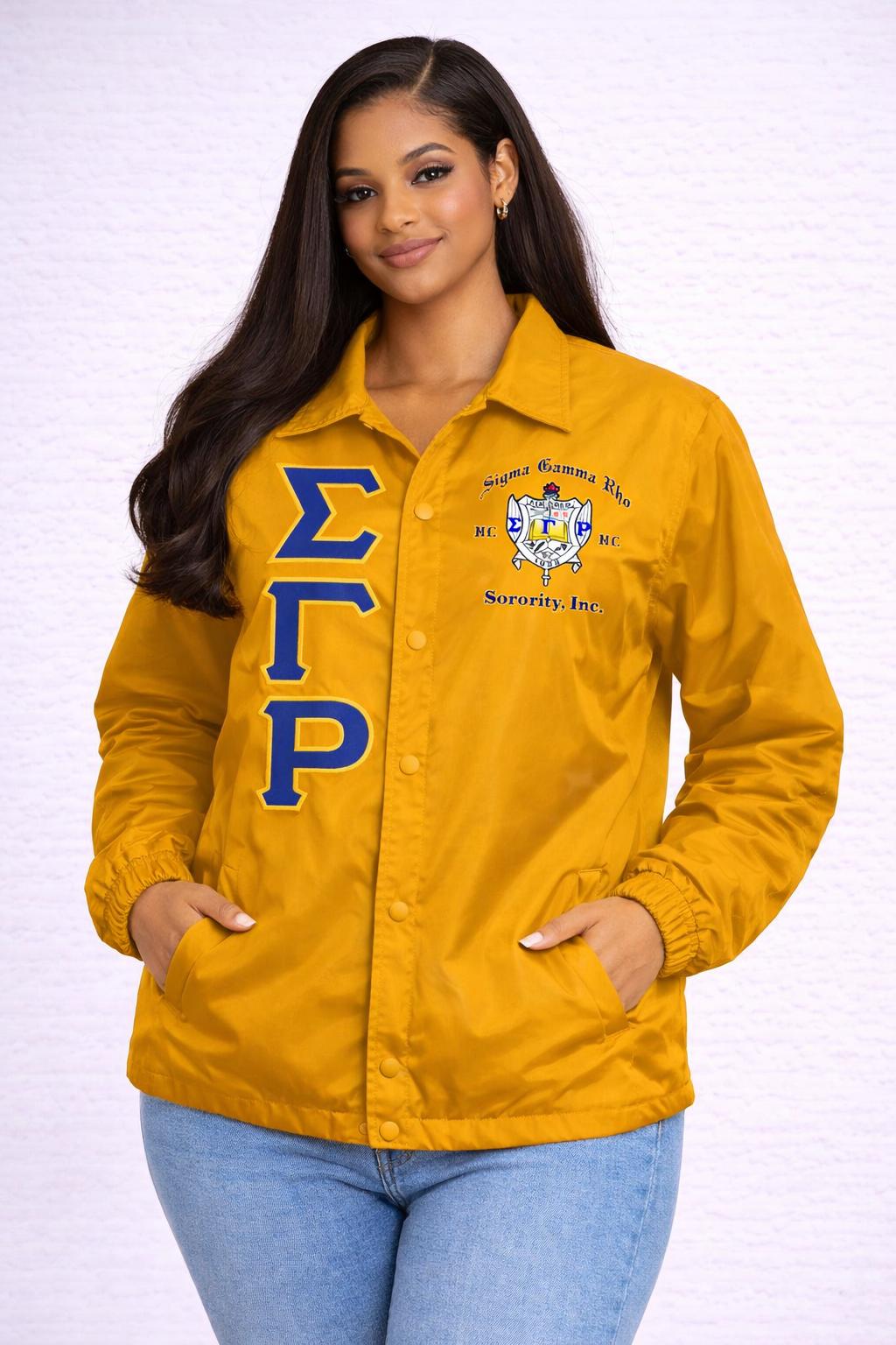 Gold / Red Sigma Gamma Rho Coach Line Jacket with personalized front, back, and sleeve embroidery