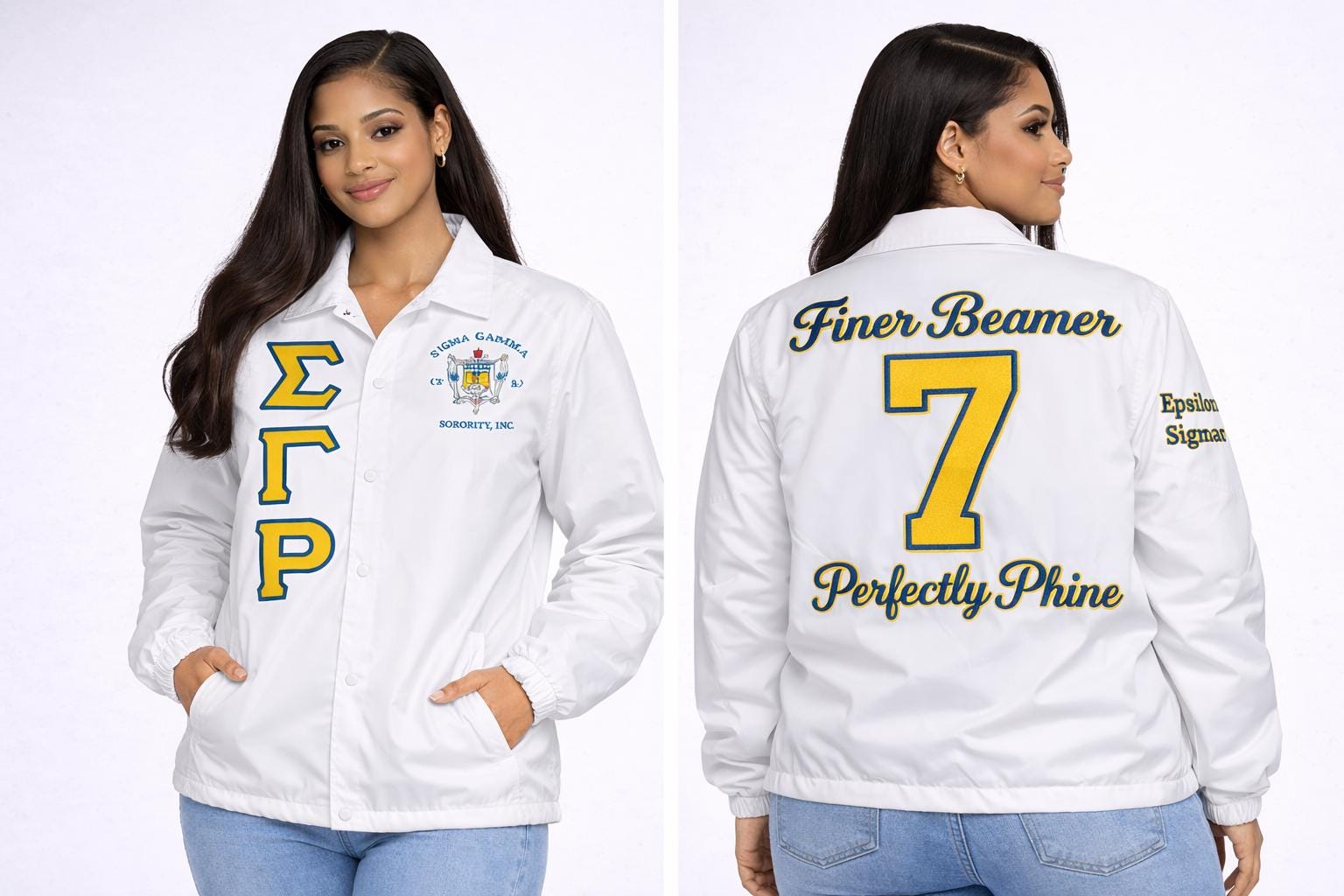 White / Red Sigma Gamma Rho Coach Line Jacket with personalized front, back, and sleeve embroidery