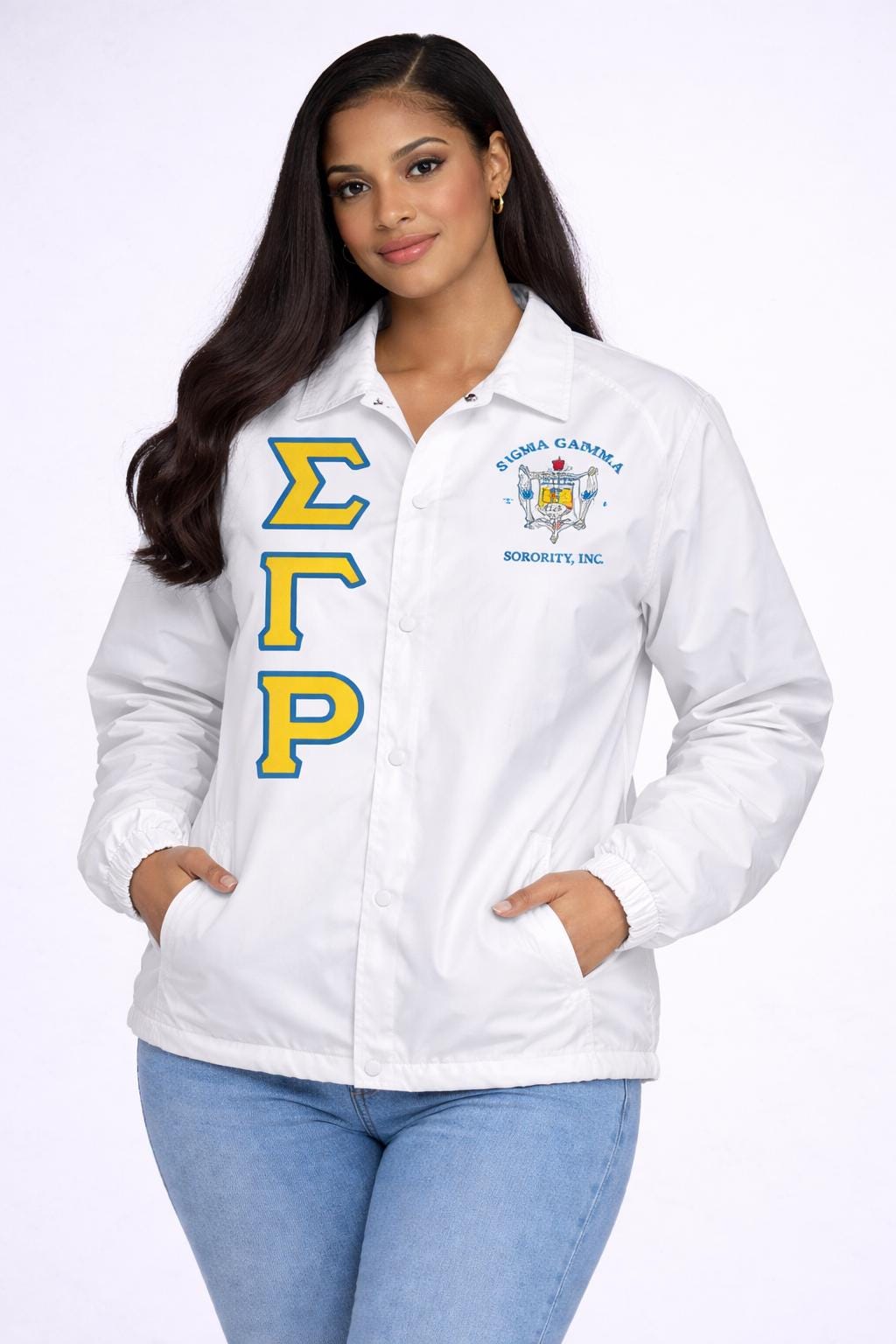 White / Red Sigma Gamma Rho Coach Line Jacket with personalized front, back, and sleeve embroidery