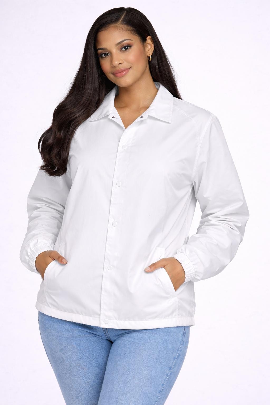 Red Sigma Gamma Rho Coach Line Jacket with personalized front, back, and sleeve embroidery