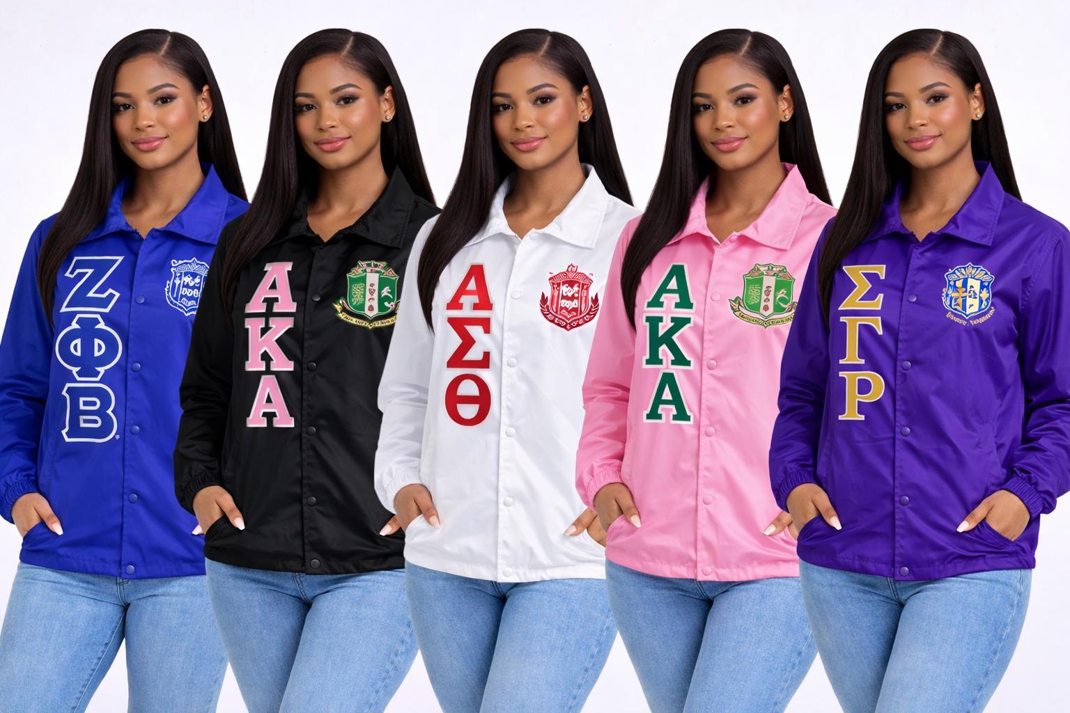 Royal Blue / White Alpha Kappa Alpha Coach Line Jacket with personalized front, back, and sleeve embroidery