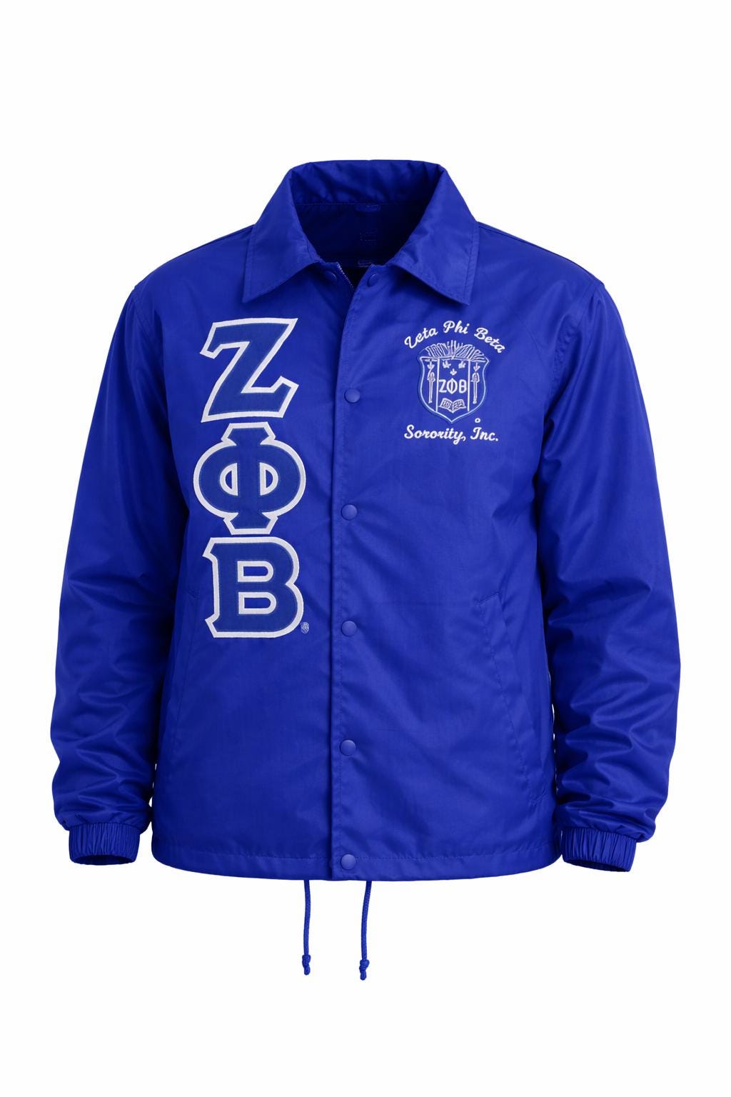 Red Zeta Phi Beta Coach Line Jacket with personalized front, back, and sleeve embroidery