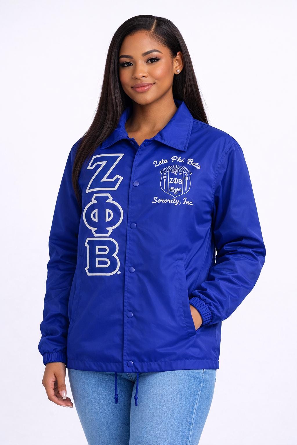 Red Zeta Phi Beta Coach Line Jacket with personalized front, back, and sleeve embroidery