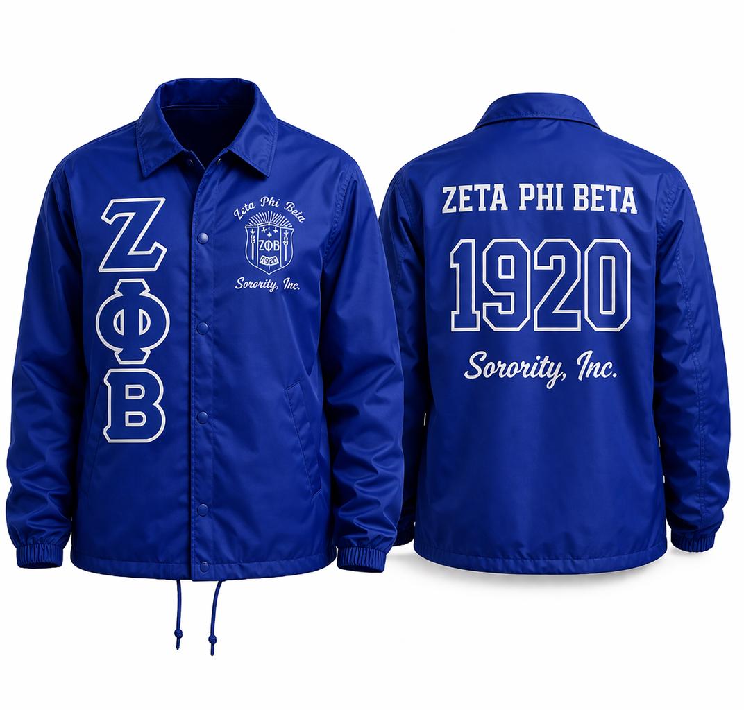 Red Zeta Phi Beta Coach Line Jacket with personalized front, back, and sleeve embroidery