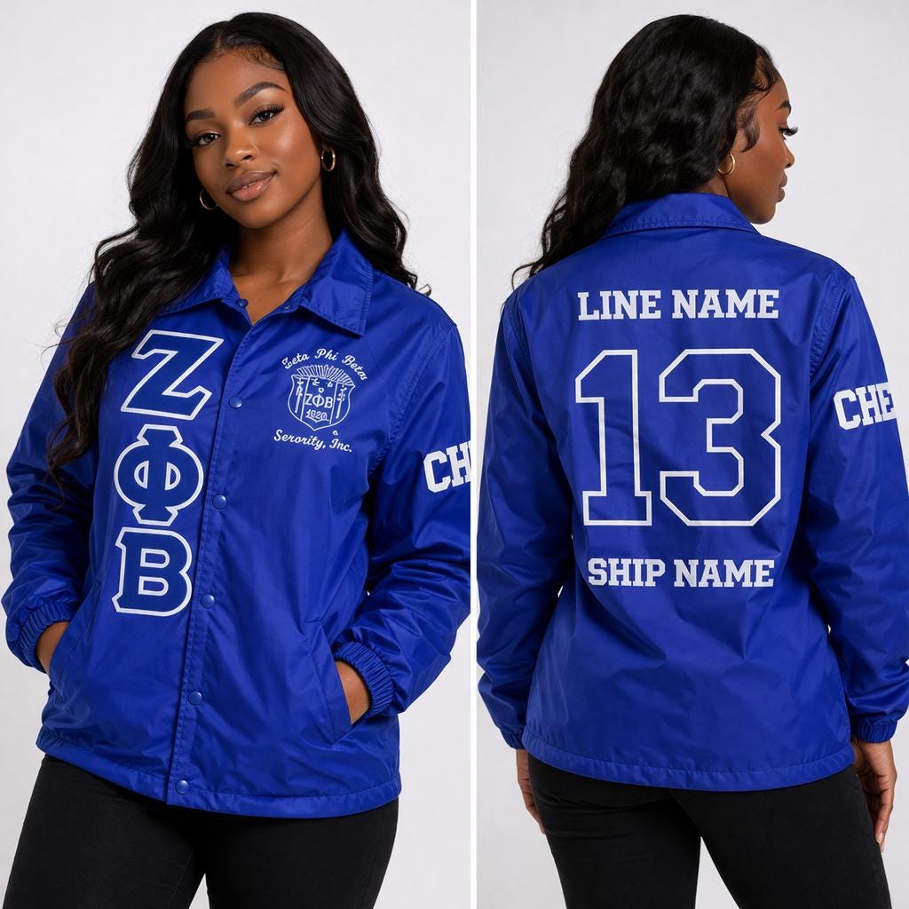Red Zeta Phi Beta Coach Line Jacket with personalized front, back, and sleeve embroidery