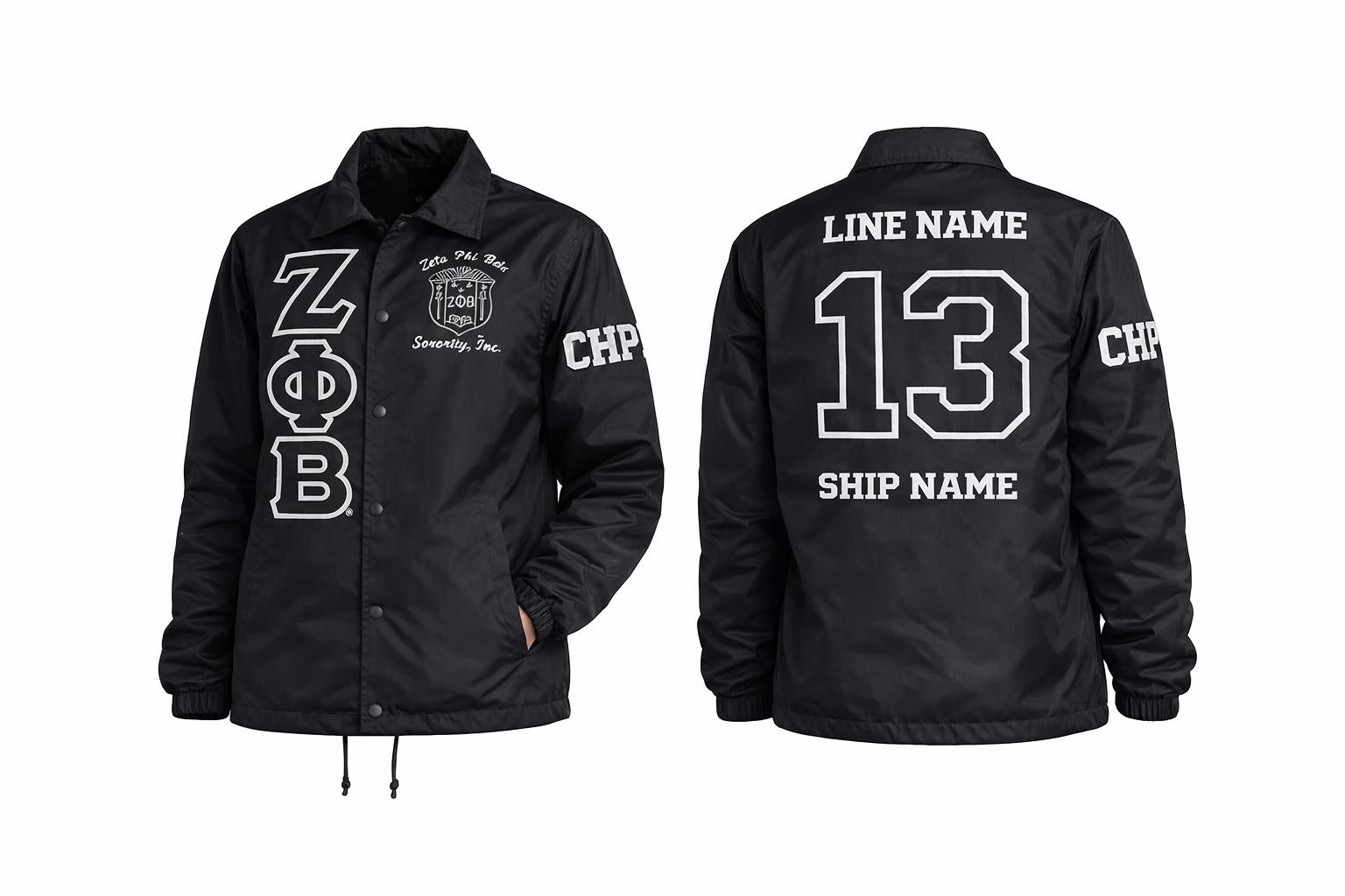 Black / Red Zeta Phi Beta Coach Line Jacket with personalized front, back, and sleeve embroidery