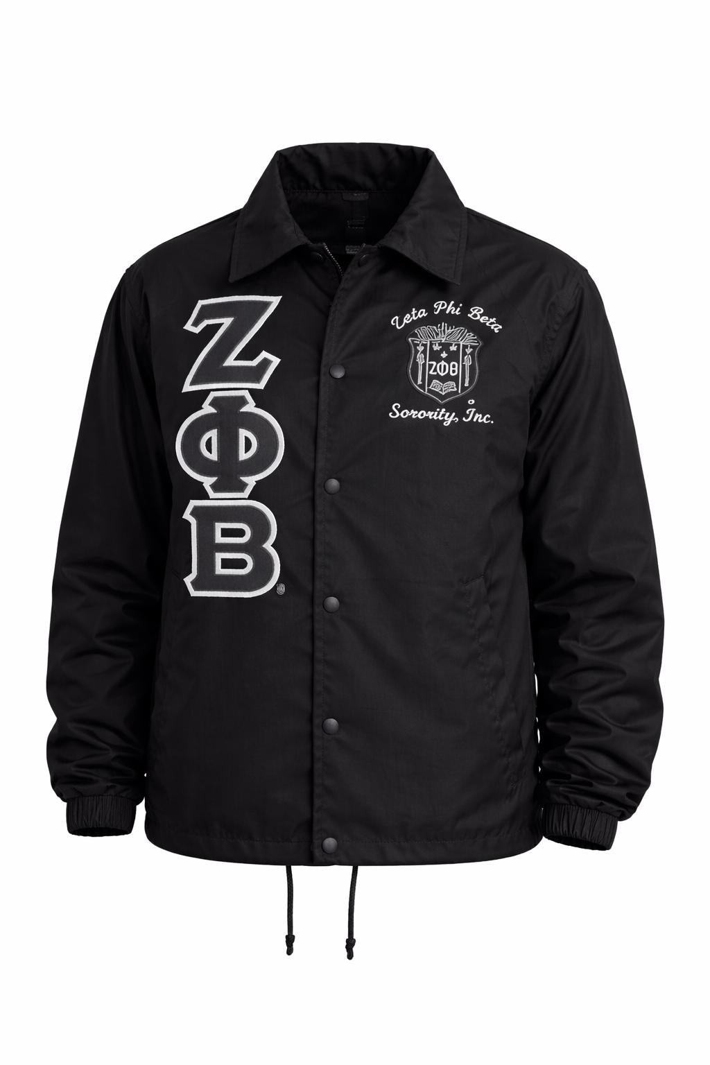 Black / Red Zeta Phi Beta Coach Line Jacket with personalized front, back, and sleeve embroidery