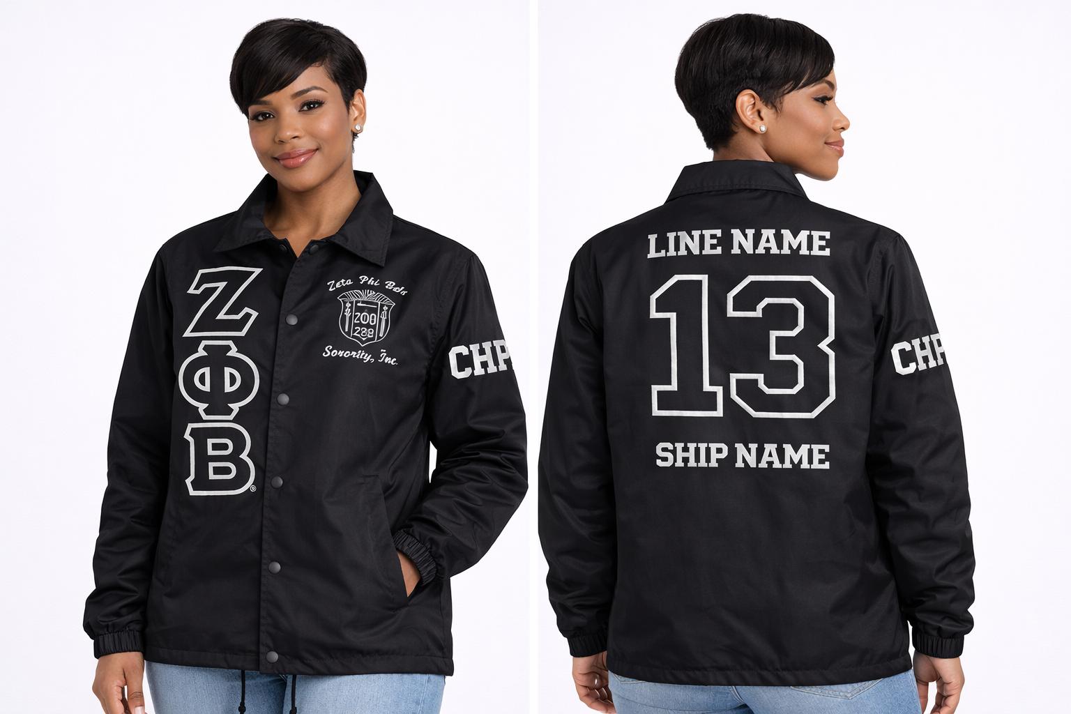 Black / Red Zeta Phi Beta Coach Line Jacket with personalized front, back, and sleeve embroidery