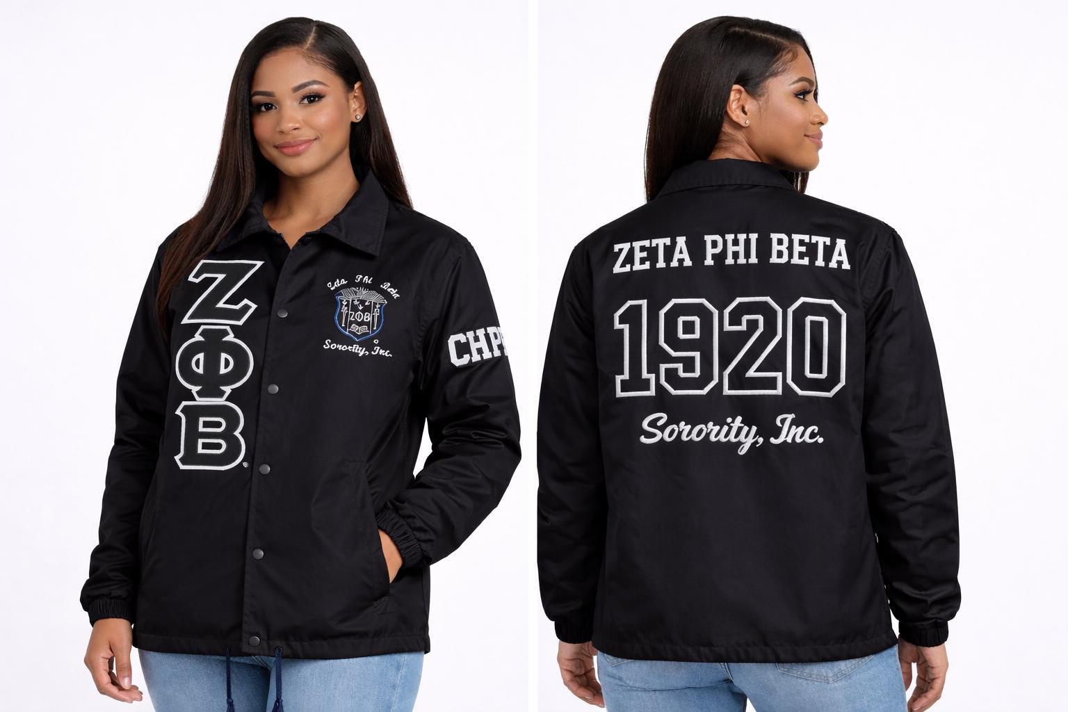 Black / Red Zeta Phi Beta Coach Line Jacket with personalized front, back, and sleeve embroidery