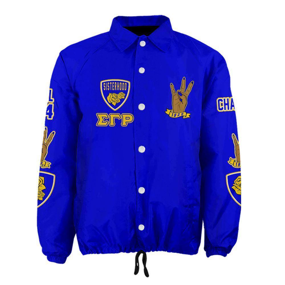 Red Sigma Gamma Rho Coach Line Jacket with personalized front, back, and sleeve embroidery