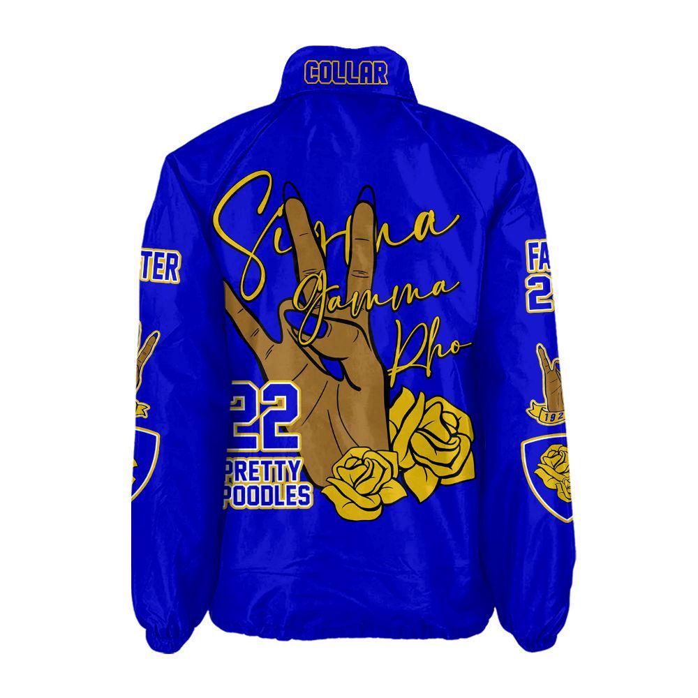 Red Sigma Gamma Rho Coach Line Jacket with personalized front, back, and sleeve embroidery