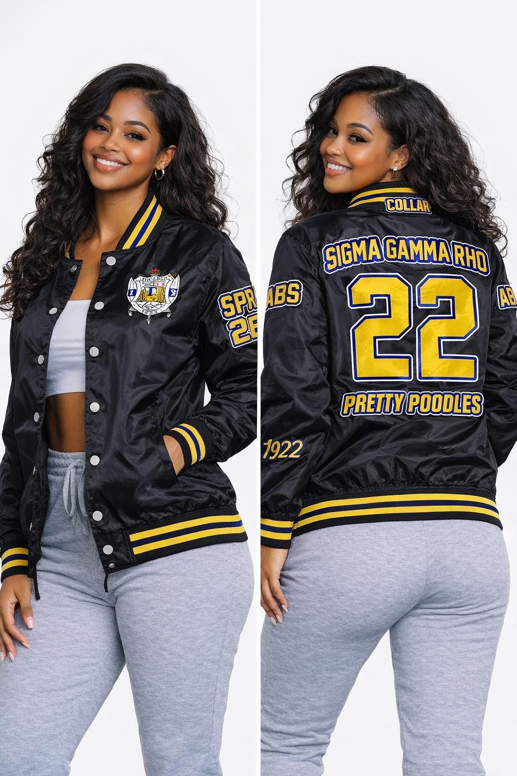 Red Sigma Gamma Rho Coach Line Jacket with personalized front, back, and sleeve embroidery