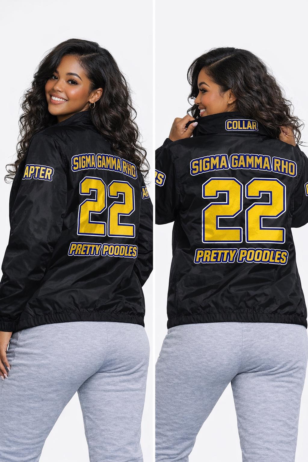 Red Sigma Gamma Rho Coach Line Jacket with personalized front, back, and sleeve embroidery