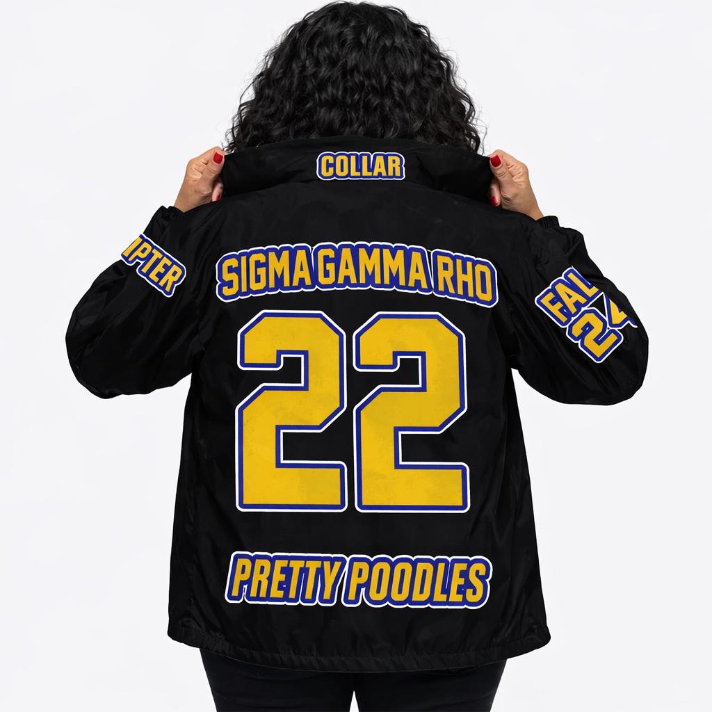 Red Sigma Gamma Rho Coach Line Jacket with personalized front, back, and sleeve embroidery