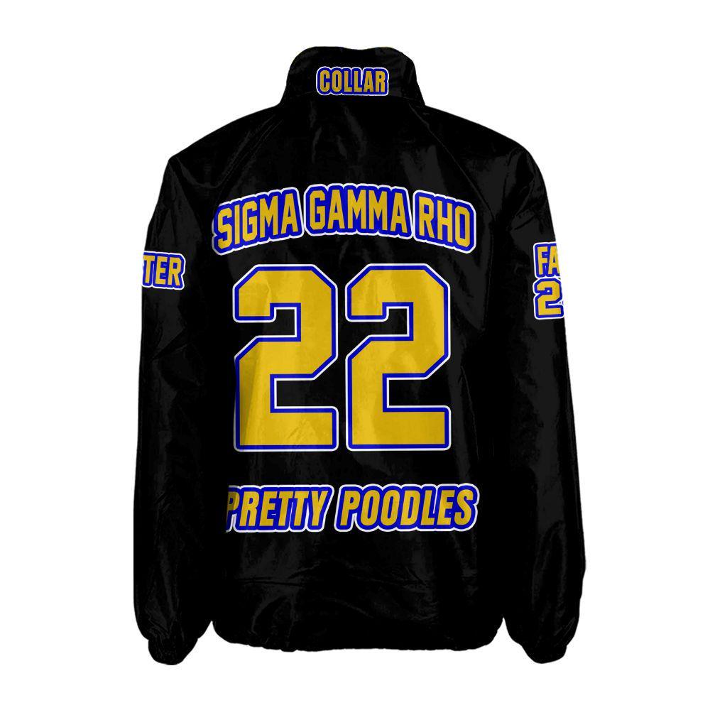 Red Sigma Gamma Rho Coach Line Jacket with personalized front, back, and sleeve embroidery