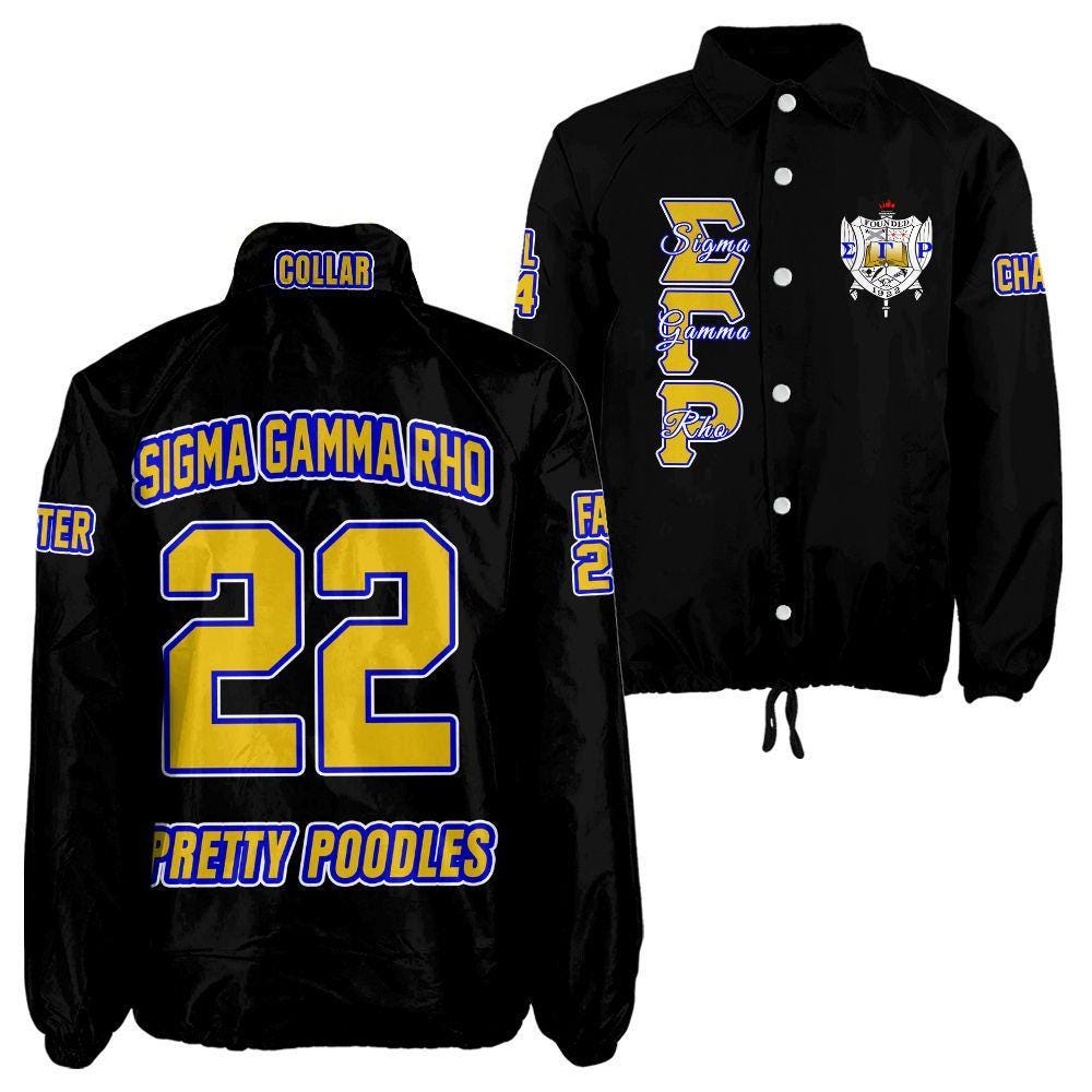 Red Sigma Gamma Rho Coach Line Jacket with personalized front, back, and sleeve embroidery