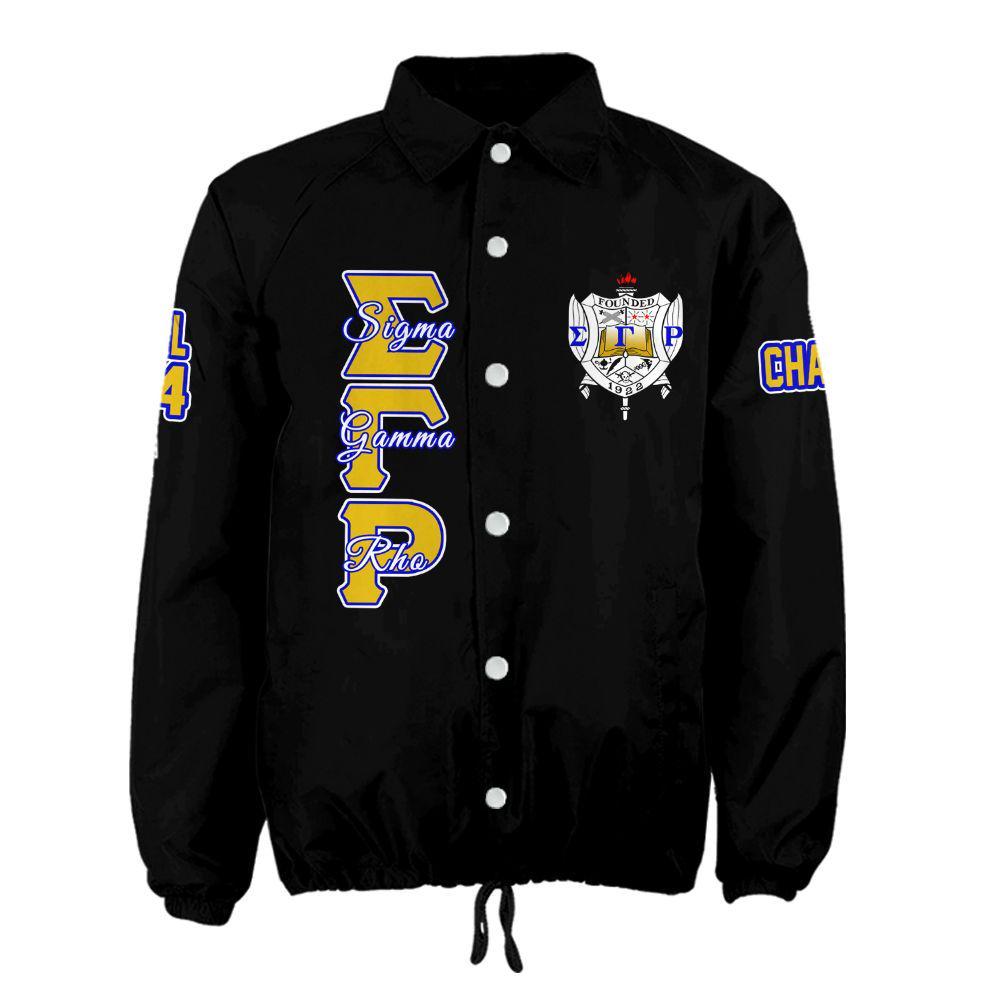 Red Sigma Gamma Rho Coach Line Jacket with personalized front, back, and sleeve embroidery