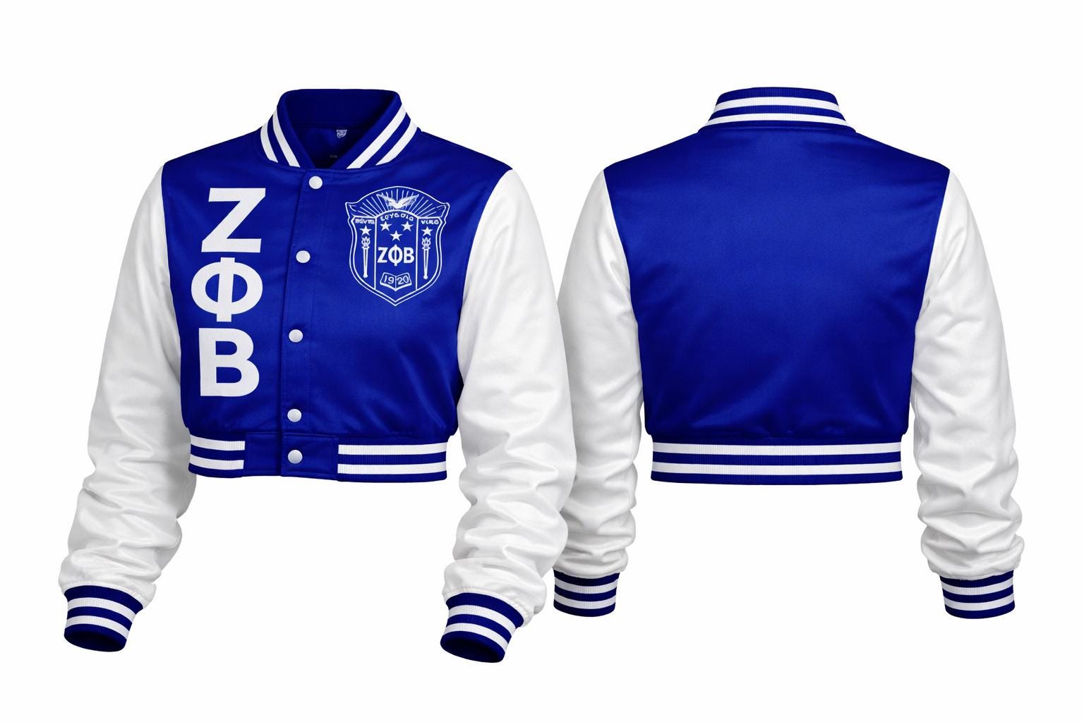 White / Red Zeta Phi Beta Cropped Line Jacket with personalized front, back, and sleeve embroidery