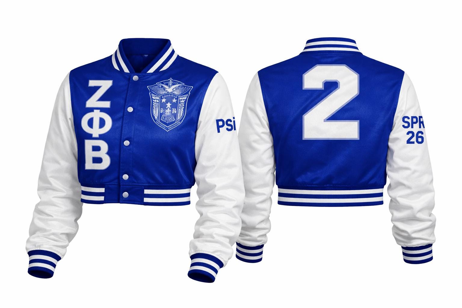 White / Red Zeta Phi Beta Cropped Line Jacket with personalized front, back, and sleeve embroidery
