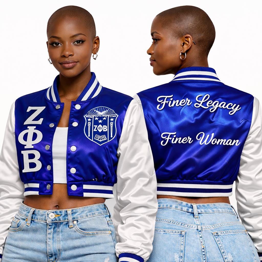 White / Red Zeta Phi Beta Cropped Line Jacket with personalized front, back, and sleeve embroidery
