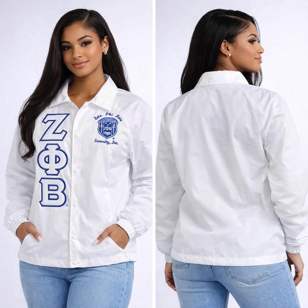 White / Red Zeta Phi Beta Coach Line Jacket with personalized front, back, and sleeve embroidery
