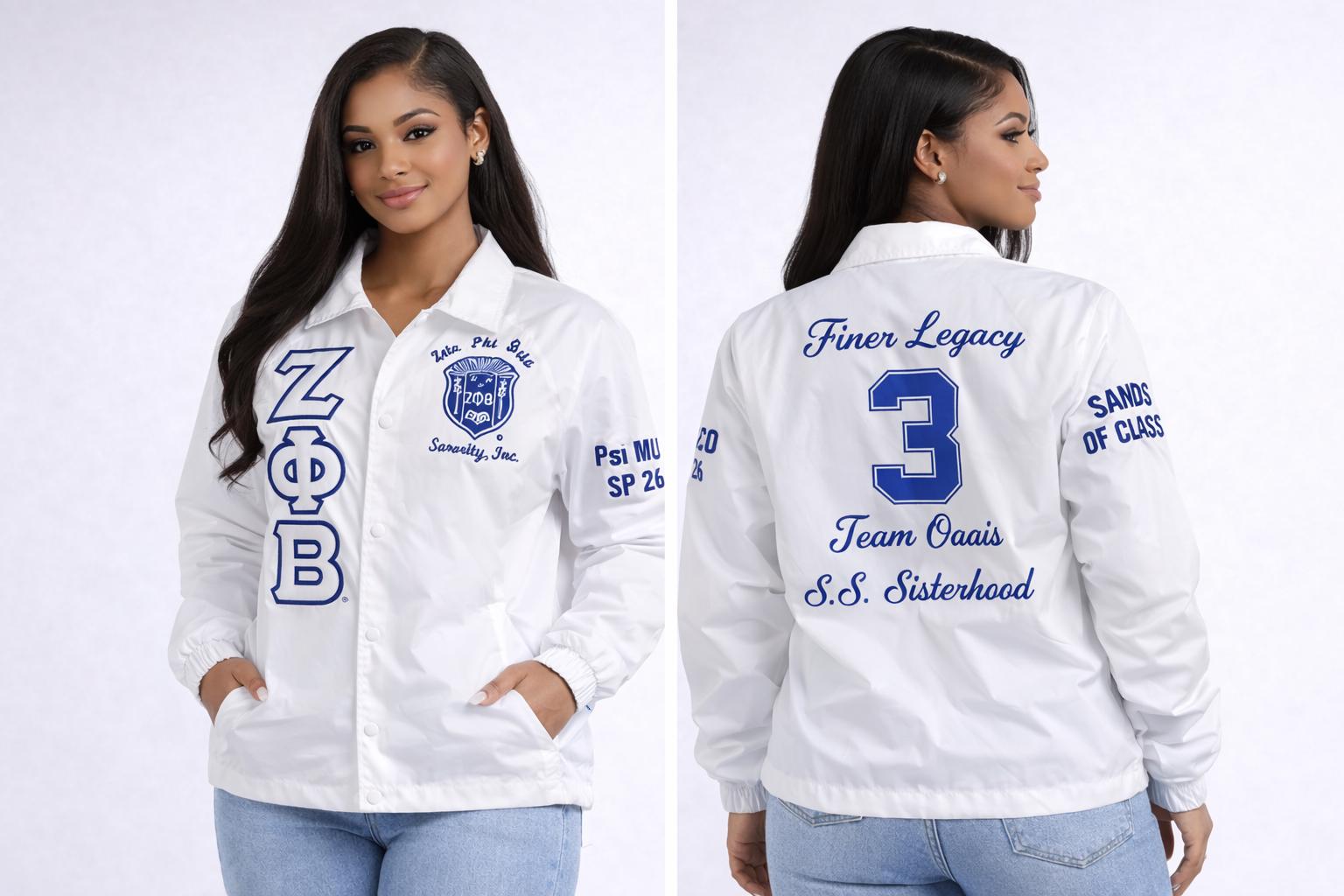 White / Red Zeta Phi Beta Coach Line Jacket with personalized front, back, and sleeve embroidery