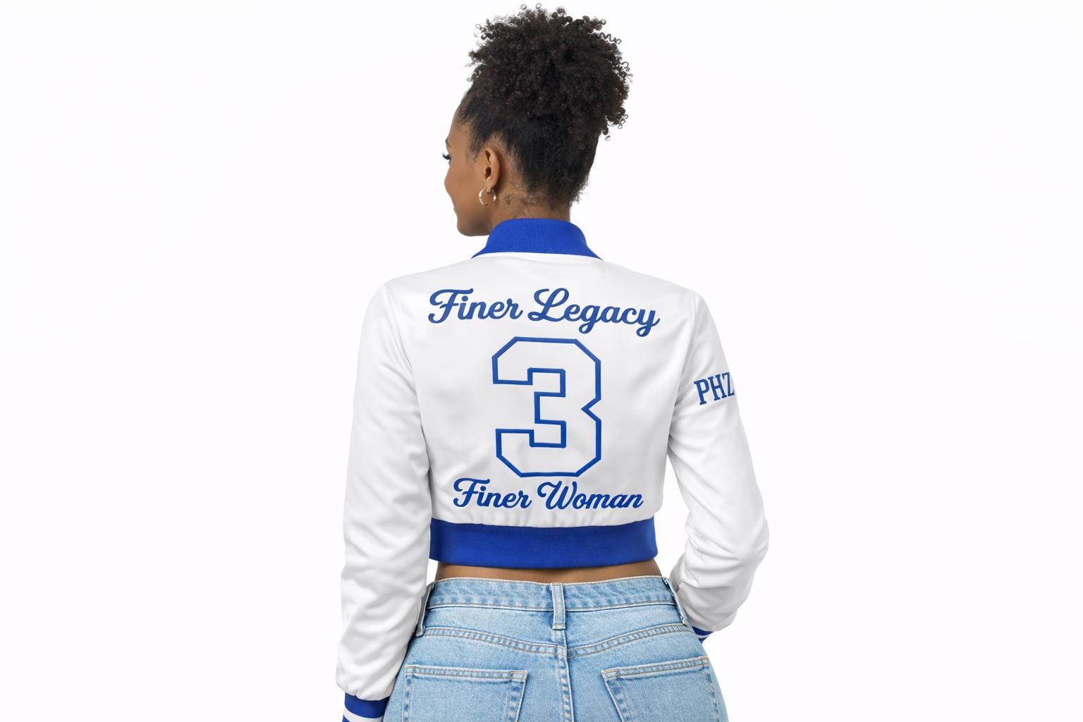 White / Red Zeta Phi Beta Cropped Line Jacket with personalized front, back, and sleeve embroidery