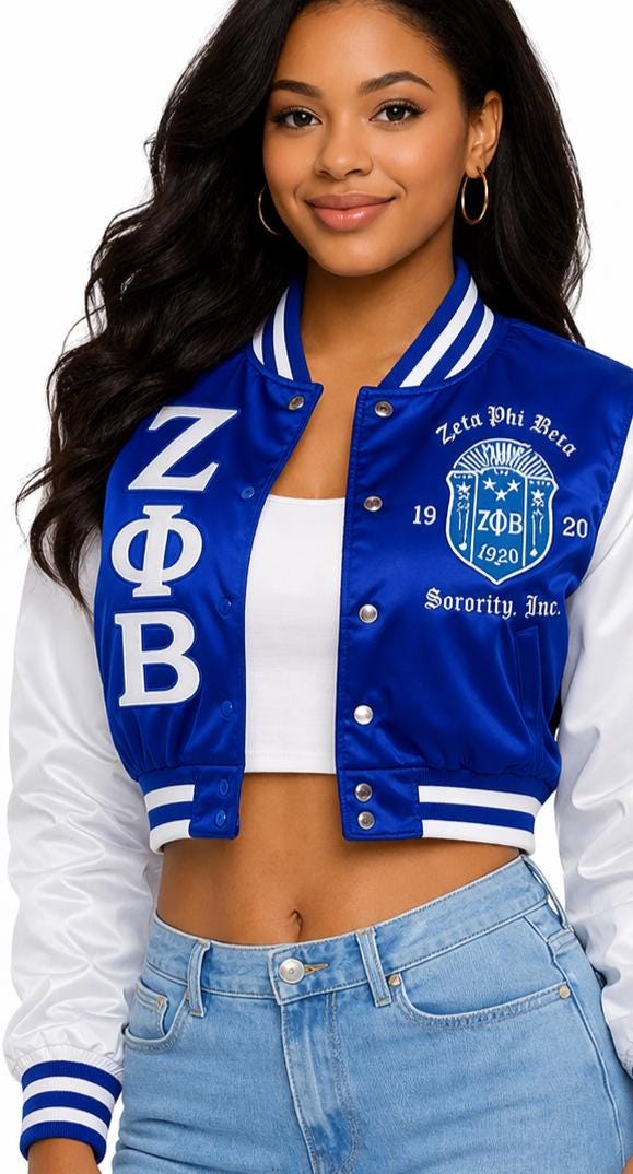 White / Red Zeta Phi Beta Cropped Line Jacket with personalized front, back, and sleeve embroidery