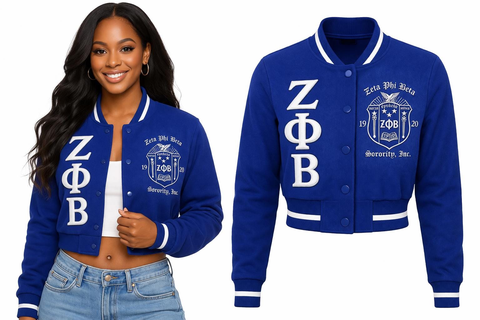 White / Red Zeta Phi Beta Cropped Line Jacket with personalized front, back, and sleeve embroidery