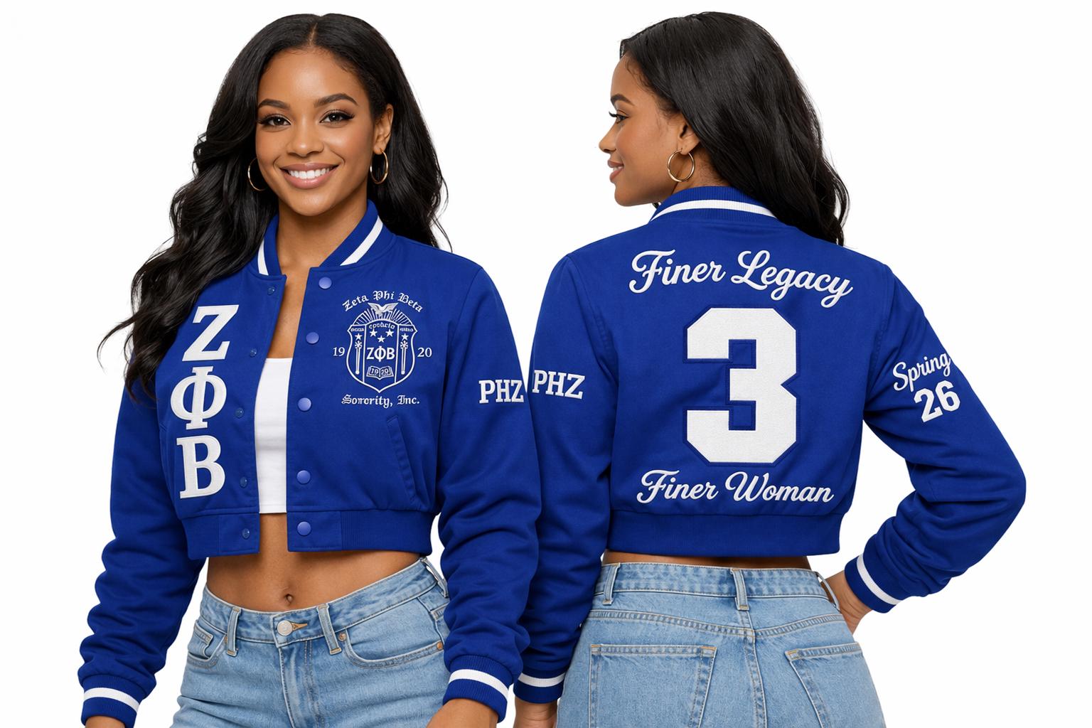 White / Red Zeta Phi Beta Cropped Line Jacket with personalized front, back, and sleeve embroidery