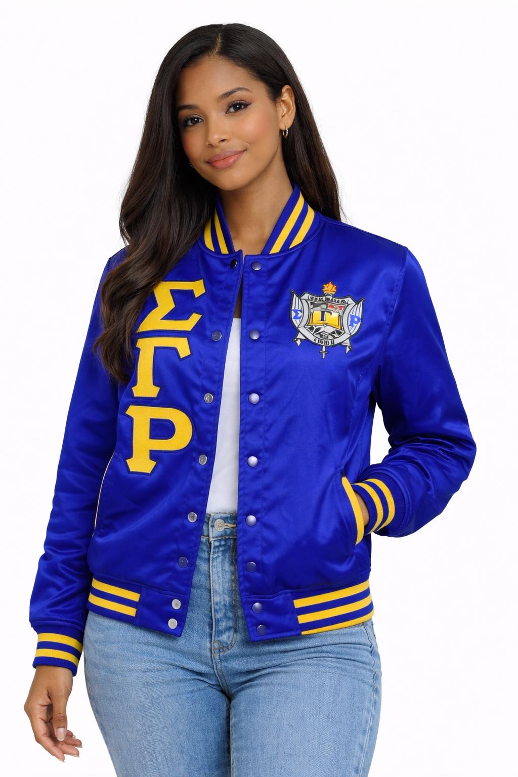 Royal Blue / Gold Sigma Gamma Rho Satin Line Jacket with personalized front, back, and sleeve embroidery
