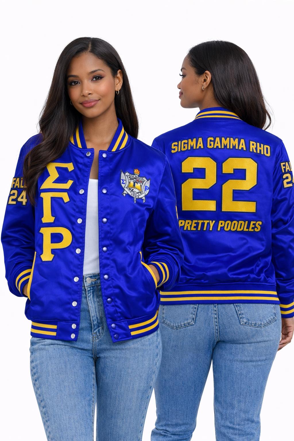 Royal Blue / Gold Sigma Gamma Rho Satin Line Jacket with personalized front, back, and sleeve embroidery