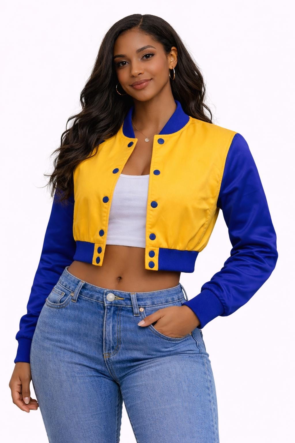 Royal Blue / Gold Sigma Gamma Rho Cropped Line Jacket with personalized front, back, and sleeve embroidery