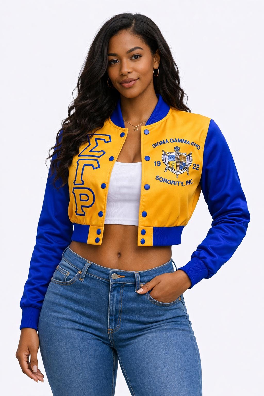 Royal Blue / Gold Sigma Gamma Rho Cropped Line Jacket with personalized front, back, and sleeve embroidery