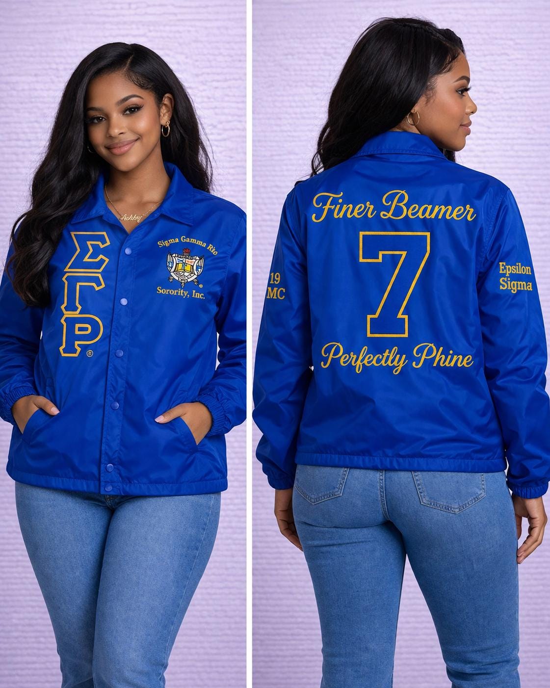 Red Sigma Gamma Rho Coach Line Jacket with personalized front, back, and sleeve embroidery
