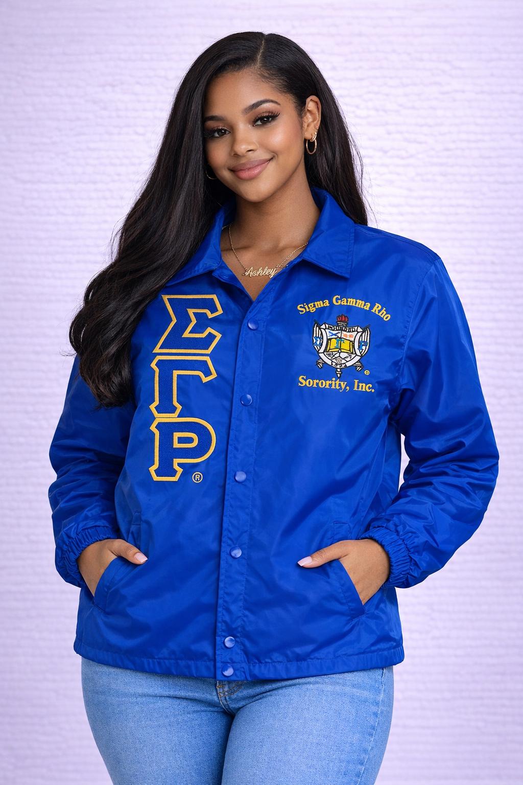 Red Sigma Gamma Rho Coach Line Jacket with personalized front, back, and sleeve embroidery