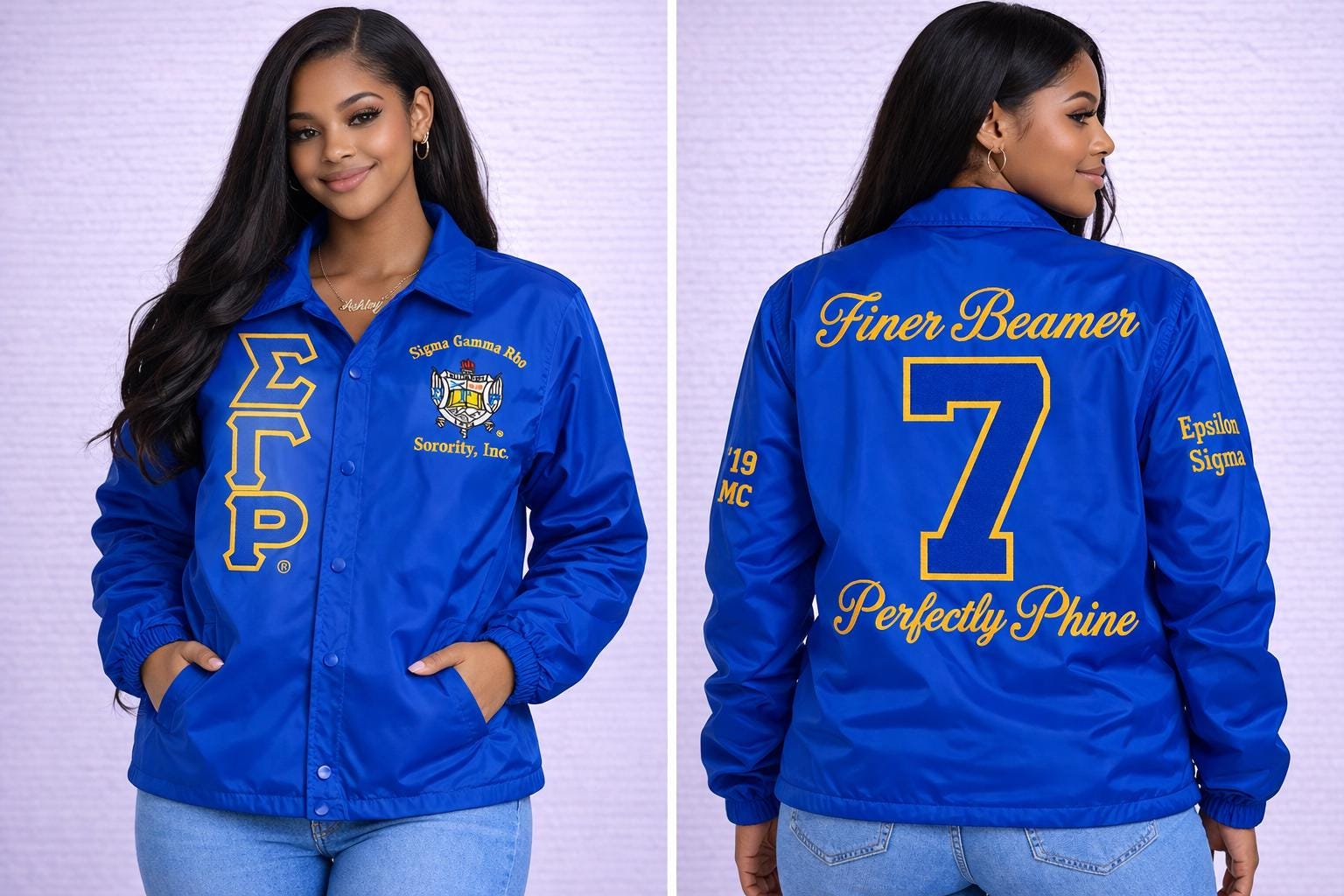 Red Sigma Gamma Rho Coach Line Jacket with personalized front, back, and sleeve embroidery