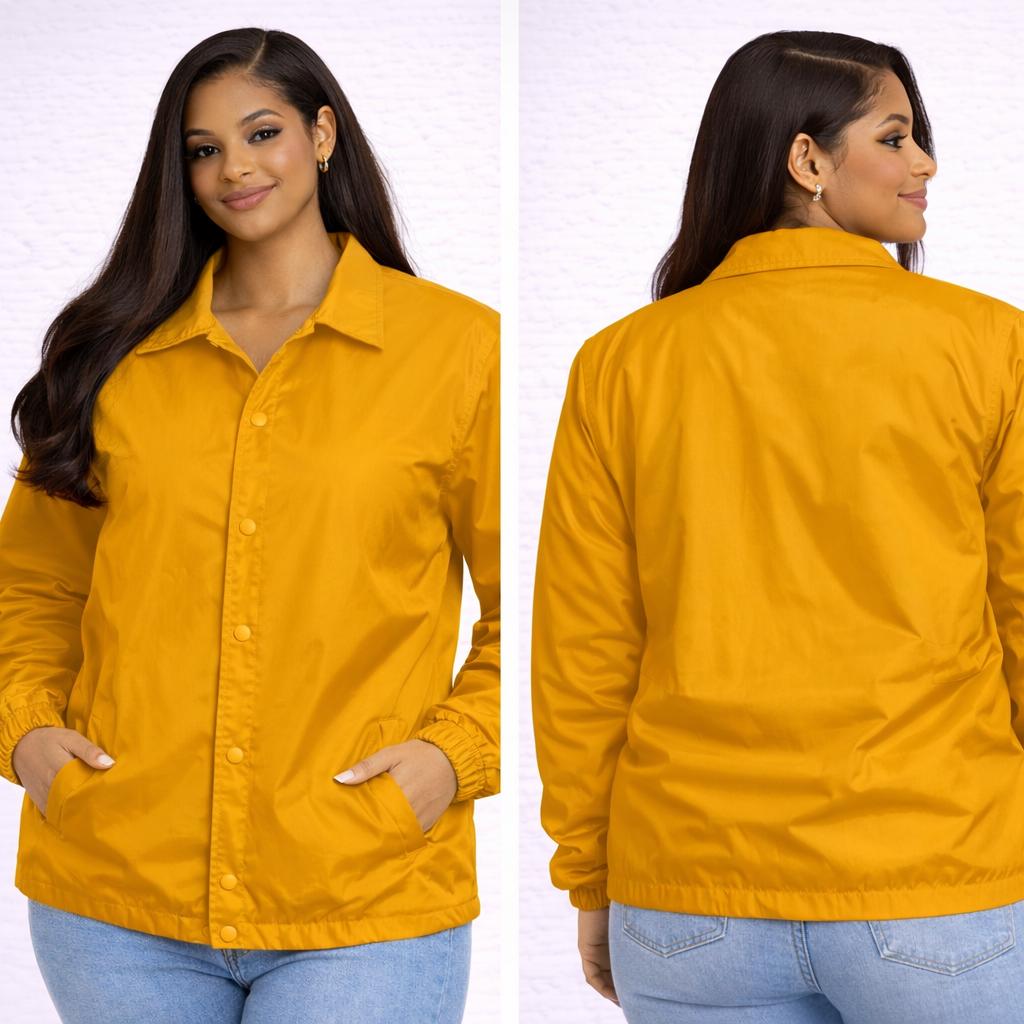 Red Sigma Gamma Rho Coach Line Jacket with personalized front, back, and sleeve embroidery