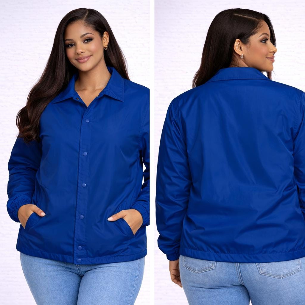 Red Sigma Gamma Rho Coach Line Jacket with personalized front, back, and sleeve embroidery