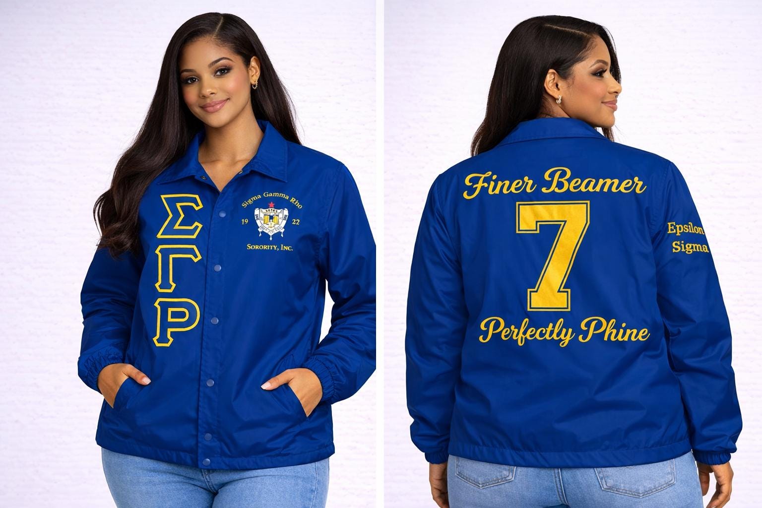 Red / Blue Sigma Gamma Rho Coach Line Jacket with personalized front, back, and sleeve embroidery