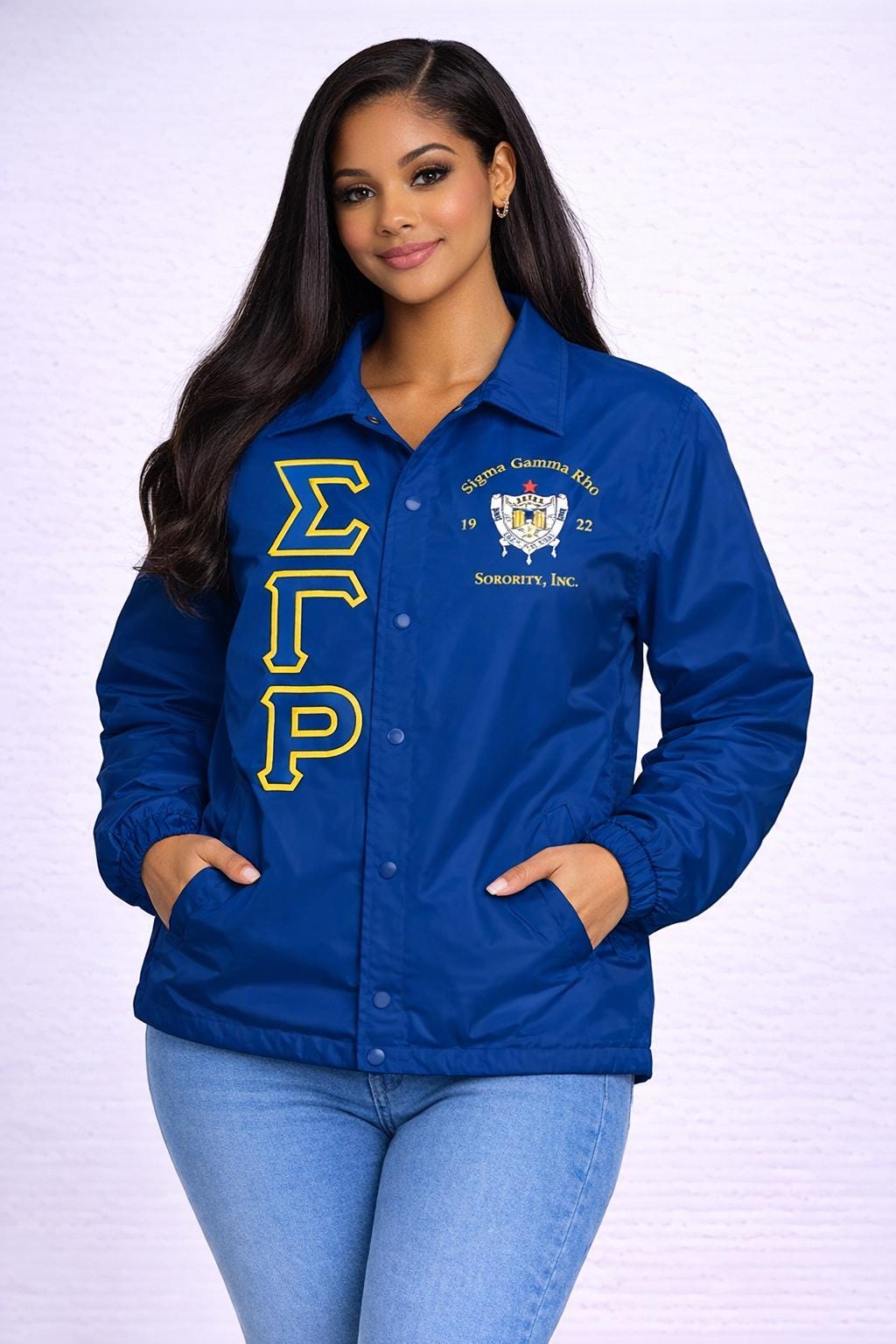 Red Sigma Gamma Rho Coach Line Jacket with personalized front, back, and sleeve embroidery