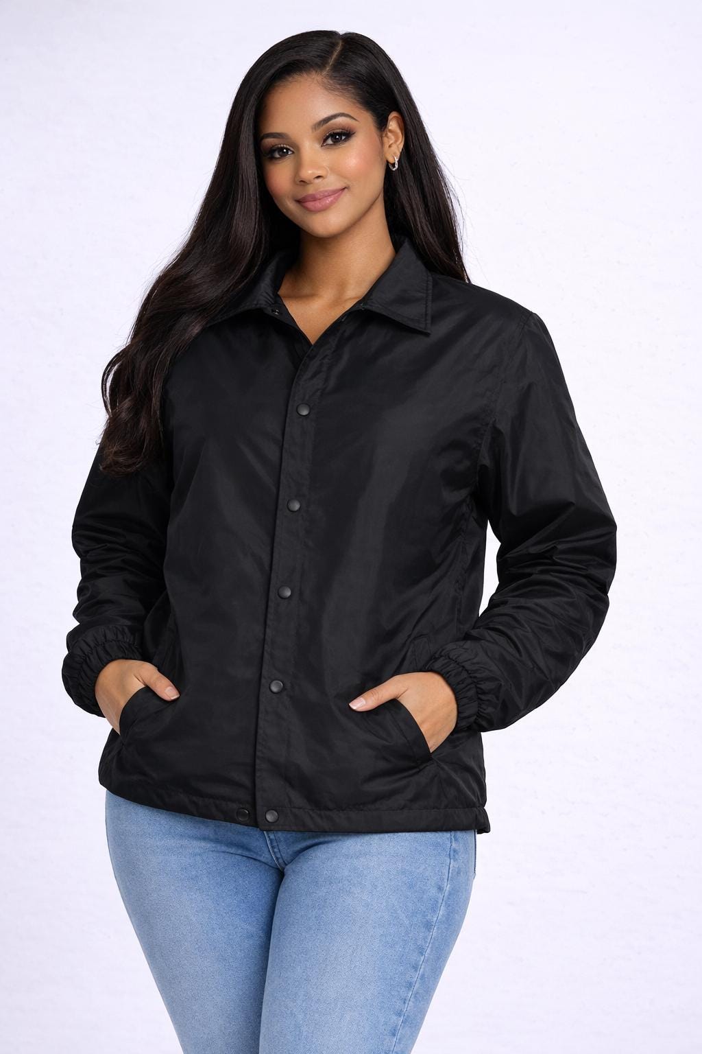 Black / Red Sigma Gamma Rho Coach Line Jacket with personalized front, back, and sleeve embroidery