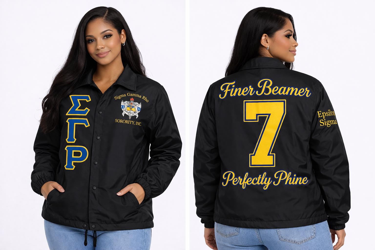 Black / Red Sigma Gamma Rho Coach Line Jacket with personalized front, back, and sleeve embroidery