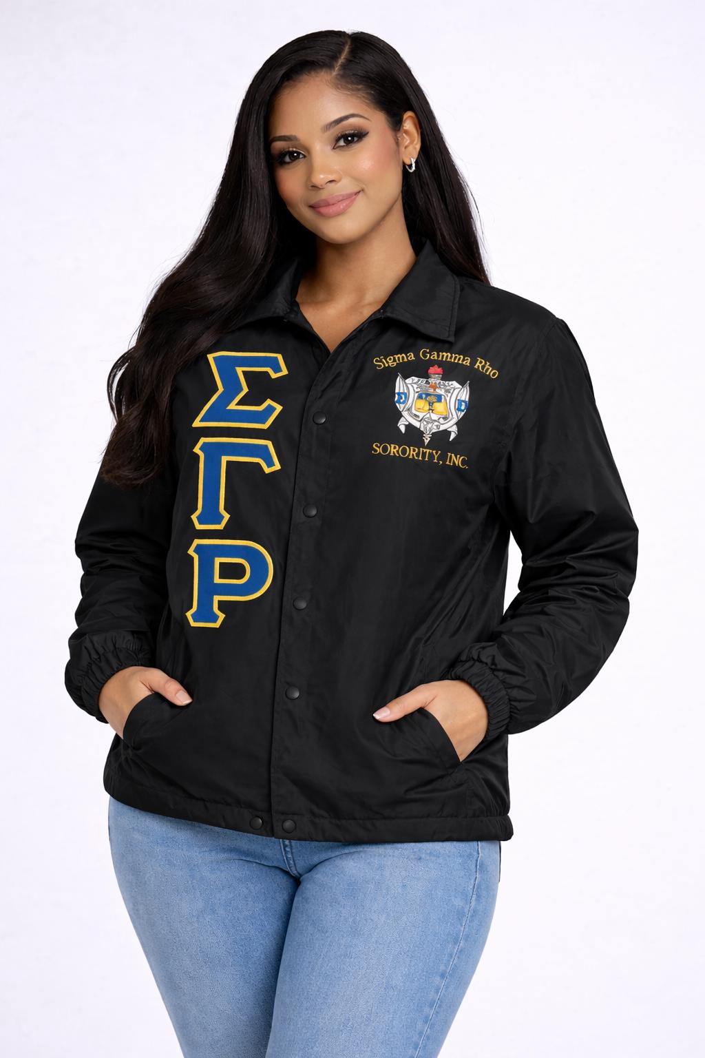 Black / Red Sigma Gamma Rho Coach Line Jacket with personalized front, back, and sleeve embroidery