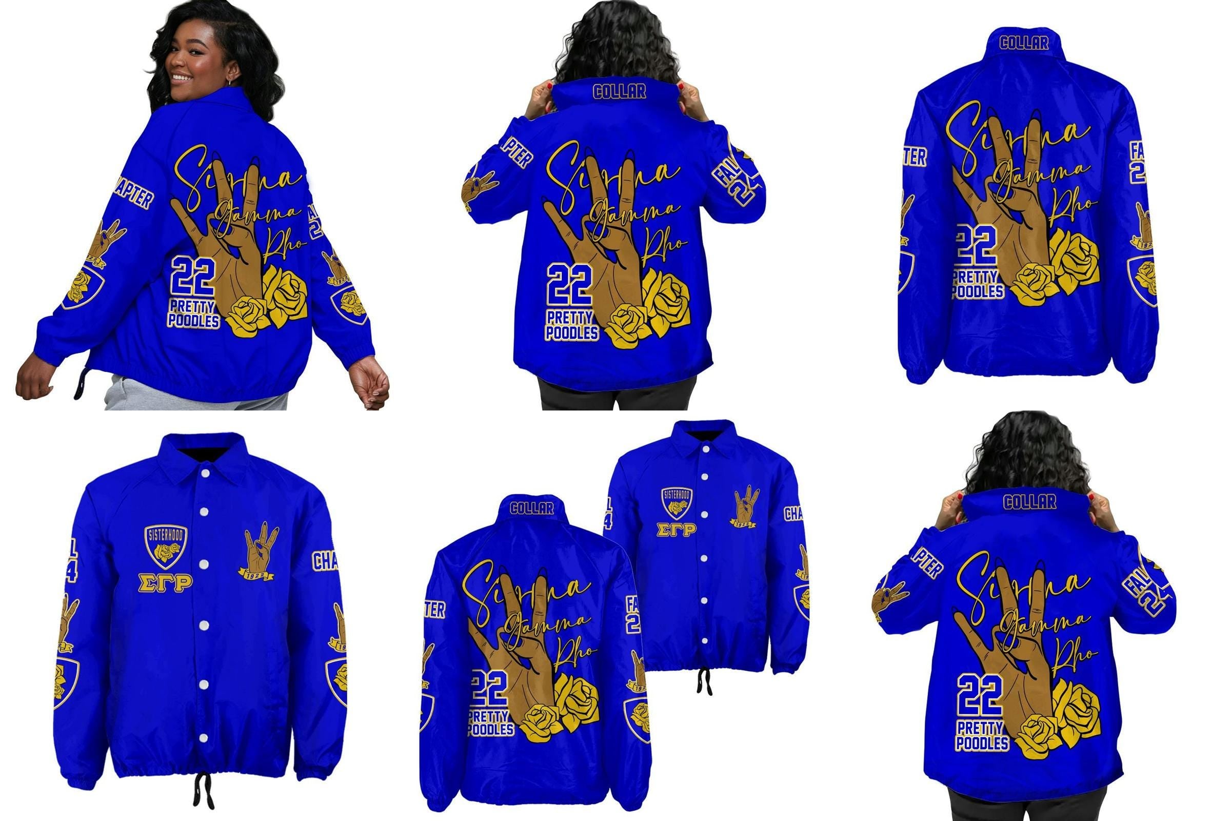 Red Sigma Gamma Rho Coach Line Jacket with personalized front, back, and sleeve embroidery