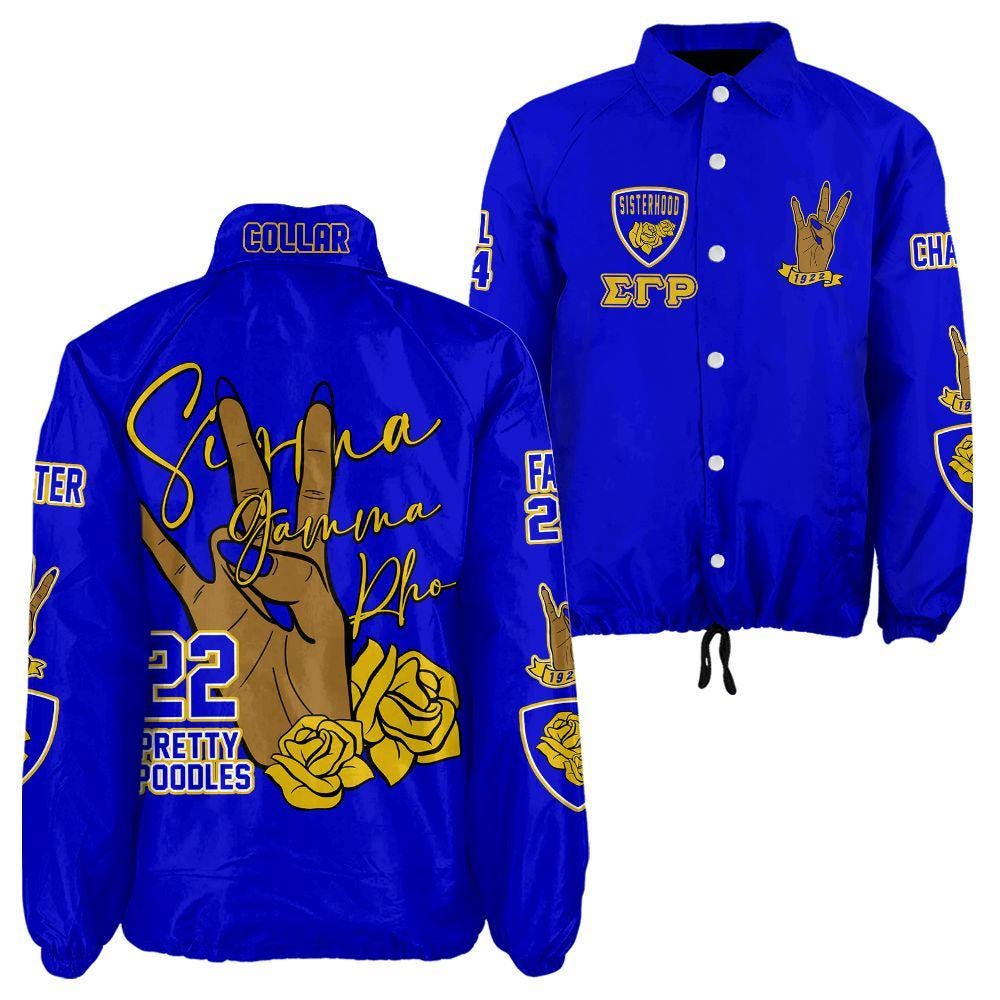 Red Sigma Gamma Rho Coach Line Jacket with personalized front, back, and sleeve embroidery