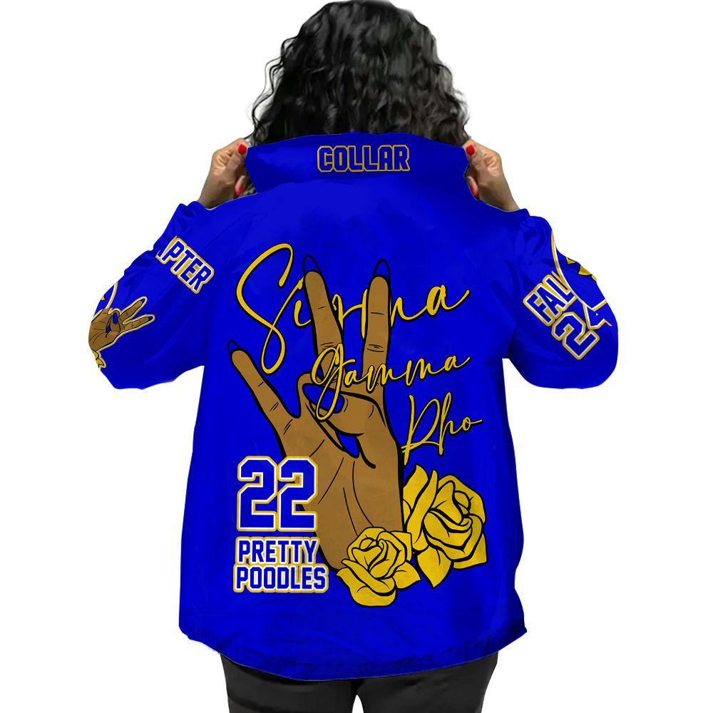 Red Sigma Gamma Rho Coach Line Jacket with personalized front, back, and sleeve embroidery