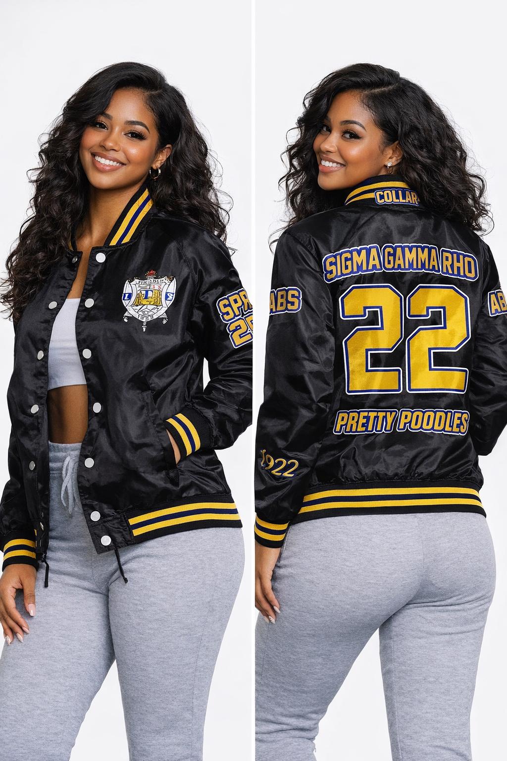 Red Sigma Gamma Rho Coach Line Jacket with personalized front, back, and sleeve embroidery