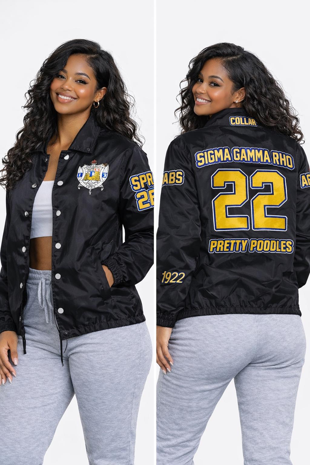 Red Sigma Gamma Rho Coach Line Jacket with personalized front, back, and sleeve embroidery