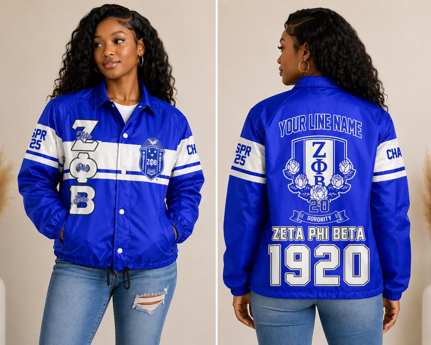 Royal Blue / Red Zeta Phi Beta Custom Line Jacket with personalized front, back, and sleeve embroidery